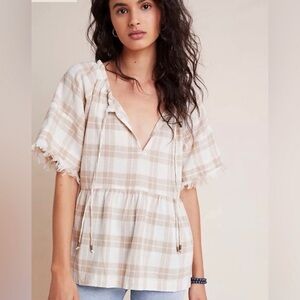 Pilcro The Bette Babydoll Top M  Plaid Linen Cotton Cottagecore Prairie natural